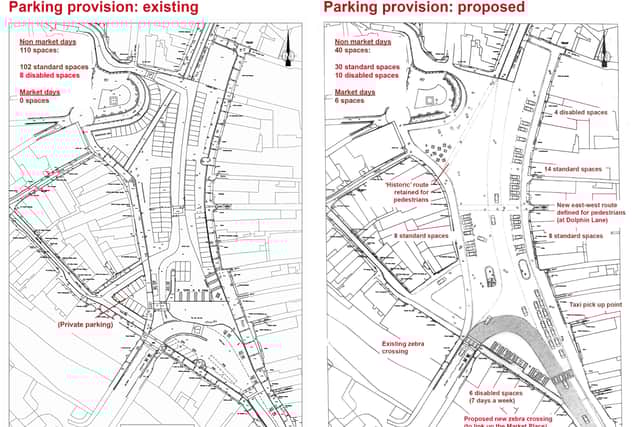 Existing parking on the left, proposed on the right - under the plans, parking spaces would drop from 110 to 40.