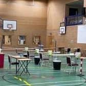 Testing arrangements set up in Carre's Grammar School sports hall. EMN-210601-184047001