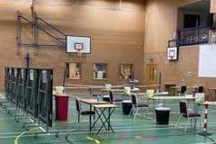 Testing arrangements set up in Carre's Grammar School sports hall. EMN-210601-184047001