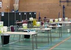 Testing arrangements set up in Carre's Grammar School sports hall. EMN-210601-184057001