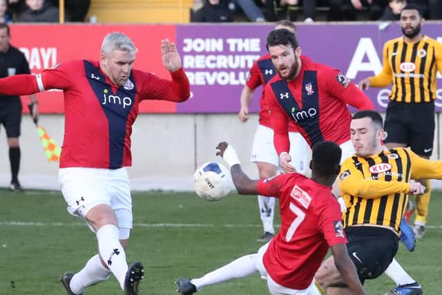 Frank Mulhern nets in the last meeting between the two sides. Photo: Eric Brown