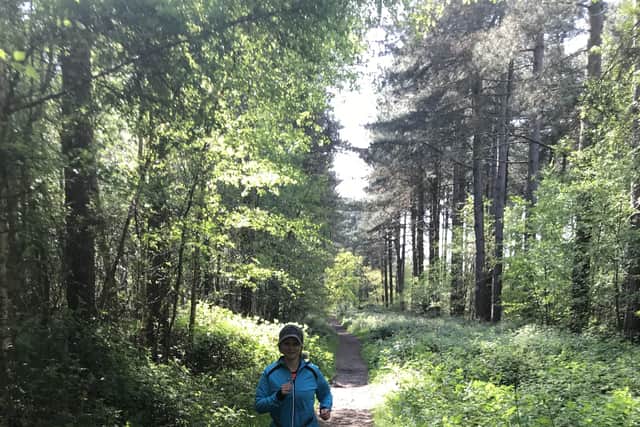 Lucie and Barney running through the woods