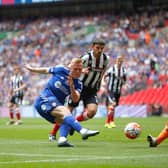 Jordan Burrow is denied by Grimsby's James McKeown in the 2016 FA Trophy final. Photo: GettyImages