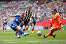 Jordan Burrow is denied by Grimsby's James McKeown in the 2016 FA Trophy final. Photo: GettyImages
