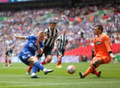Jordan Burrow is denied by Grimsby's James McKeown in the 2016 FA Trophy final. Photo: GettyImages