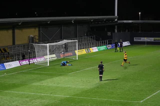 Burrow netted from the spot in the round three shootout victory over AFC Fylde. Photo: Oliver Atkin.