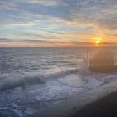 The sea crashing against the defeces at Ingoldmells on January 31, 2021 - 68 years after the spring tide breached the defences, causing loss of life and businesses.