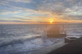 The sea crashing against the defeces at Ingoldmells on January 31, 2021 - 68 years after the spring tide breached the defences, causing loss of life and businesses.
