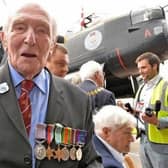 George ‘Johnny’ Johnson on familiar ground -  in front of a Lancaster bomber at RAF Coningsby