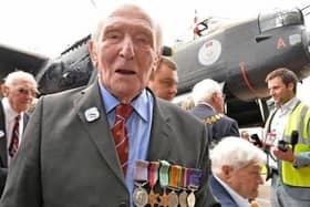 George ‘Johnny’ Johnson on familiar ground -  in front of a Lancaster bomber at RAF Coningsby