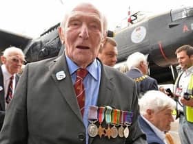 George ‘Johnny’ Johnson on familiar ground -  in front of a Lancaster bomber at RAF Coningsby