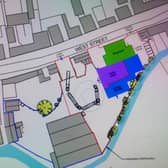 Plans for the site in West Street - green indicates showroom; purple (trade shop) and blue (goods/storage)