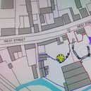 Plans for the site in West Street - green indicates showroom; purple (trade shop) and blue (goods/storage)