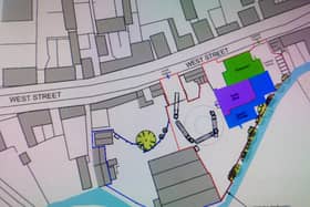 Plans for the site in West Street - green indicates showroom; purple (trade shop) and blue (goods/storage)
