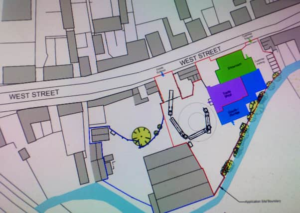 Plans for the site in West Street - green indicates showroom; purple (trade shop) and blue (goods/storage)