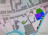 Plans for the site in West Street - green indicates showroom; purple (trade shop) and blue (goods/storage)