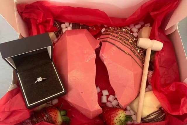 The chocolate heart by Graze by Sin which hid the engagement ring.