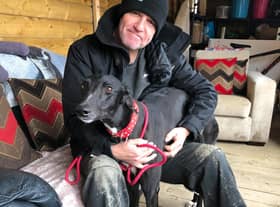 Tibby - pictured with Kevan McCormick,of Seaside Greyhounds - needs an operation costing £6,500.