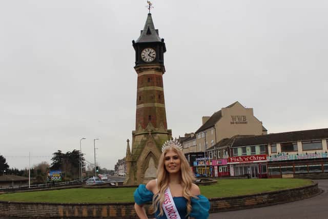 Rebecca-Jay Fearn proudly wearing her Miss Lincolnshire sash in Skegness.
