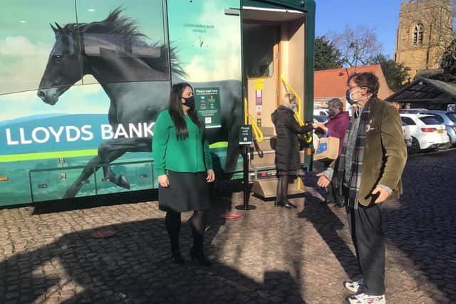 Coun Stephen Bunney, right, was on hand to talk to bank staff and customers about the mobile branch facility