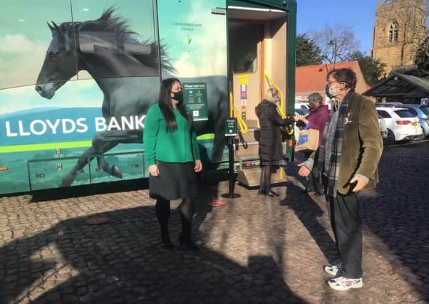 Coun Stephen Bunney, right, was on hand to talk to bank staff and customers about the mobile branch facility