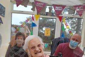 Mary celebrating her 101st birthday with her son and daughter-in-law, Johnny and Susie Epton.