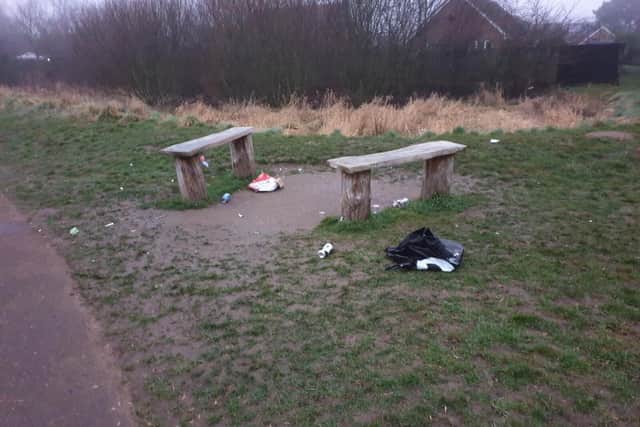 Litter left by louts alongside the riverside path of the River Slea at Rauceby Banks. EMN-210403-174341001