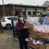 Jackie Hudson-Hay, of Kirton Holme, handing over the ‘pick me up’ packs to Nicola Hooker, a deputy sister on Pilgrim Hospital’s Intensive Care Unit.