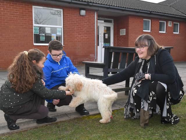 So pleased to see you! Head teacher Mrs Caroline Wellsted with the new school therapy dog, welcoming pupils Amaiya Facey 8 and Torin Facey 11