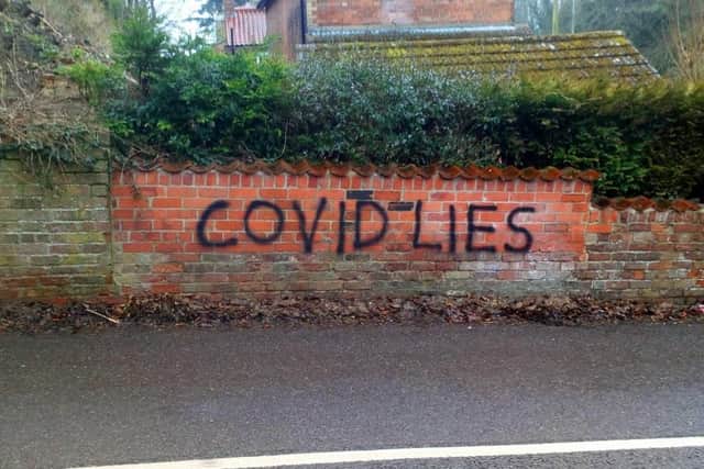 Some of the new 'Covid Lies' graffiti which appeared in Louth earlier this week.