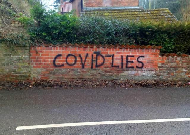 Some of the new 'Covid Lies' graffiti which appeared in Louth earlier this week.