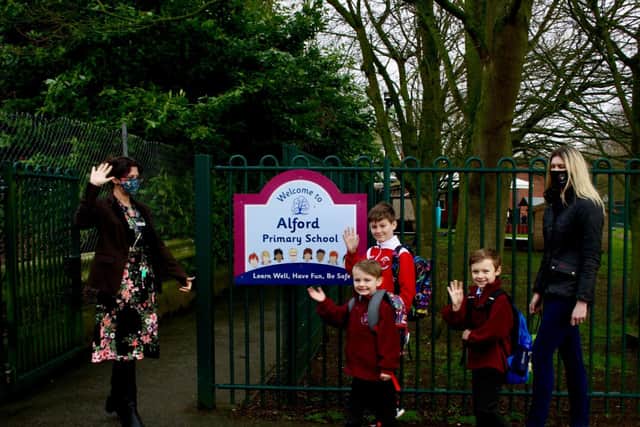 Headteacher Vicky Ross welcoming pupils back to Alford Primary School.