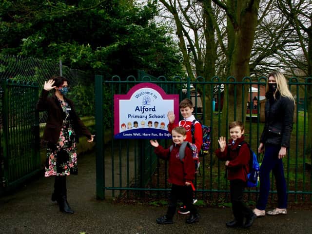 Headteacher Vicky Ross welcoming pupils back to Alford Primary School.
