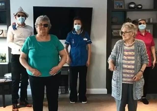 A still from Avocet House’s viral Wellerman hit, which to date has had 1.2m views and more than 133,000 likes, and 2,000-plus comments. Pictured (back , from left) Krzysztof Krzysztofiak, Charlotte Pollard, Jessica Broadbent (front, from left) Rose Saward and Shelia Pacey.