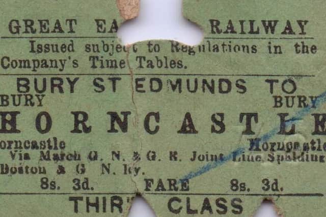 A ticket for a journey from Bury St Edmunds to Horncastle