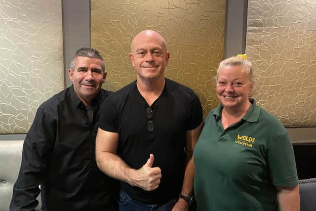 TV star Ross Kemp with Andrew Riddel  and Tracy Walters from Wolds Wildlife Park