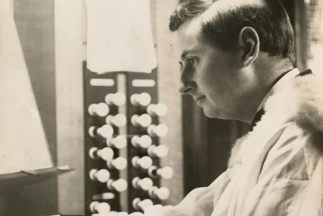 David at the organ at the Stump
