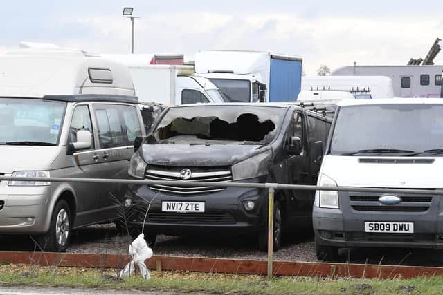 One of the damaged vehicles at the car sales forecourt near Heckington. Photo: David Dawson