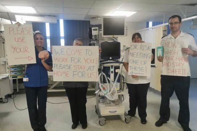 Hospital staff share messages with local people urging them to support the NHS.