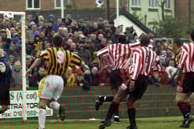 Ray Warburton heads home United's second at Hayes.