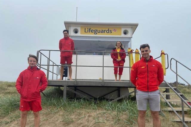 A surfer is urging others to wait until lifeguards return to the Lincolnshire coast after her leg was impaled by her board in an accident.