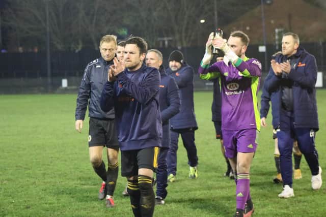 Friends reunited! Tootle and Fitzsimons celebrate a win at Farsley. Photo: Oliver Atkin