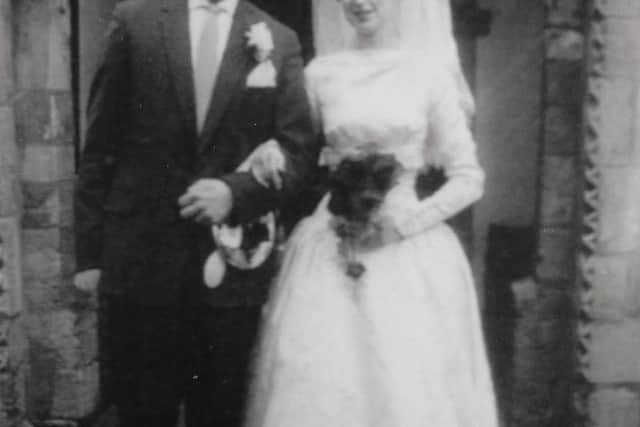 The happy couple pictured on their wedding day on April 1, 1961.