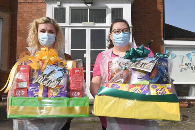 RAF Cranwell donate two Easter Egg hampers to Ashdene Care Home. L-R Laura Cook - deputy manager, Jilly Hunt - manager. EMN-210331-171154001