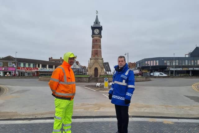 Marshals are directing traffic to car parks at the top of Tower Esplanade in Skegness. Pictured right, Paul Harrison, Principal Civil Enforcement Officer Parking Services, with marshal Francis Wilson.