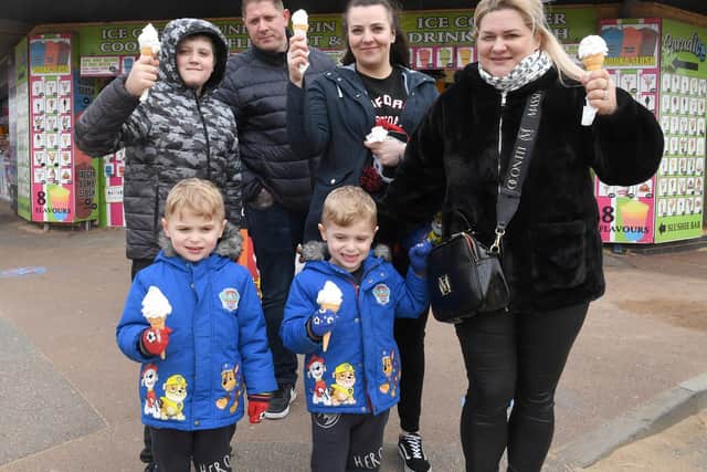 Visitors from Nottingham enjoying ice creams are Jake Slater 10, Daniel Slater, Paulinna Basanowicz and Agnisza Slater, with three-year-old twins Dominic and Dylan Slater.