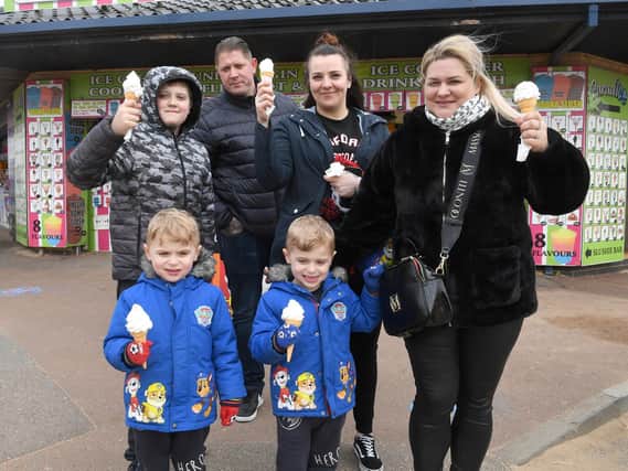 Visitors from Nottingham enjoying ice creams are Jake Slater 10, Daniel Slater, Paulinna Basanowicz and Agnisza Slater, with three-year-old twins Dominic and Dylan Slater.