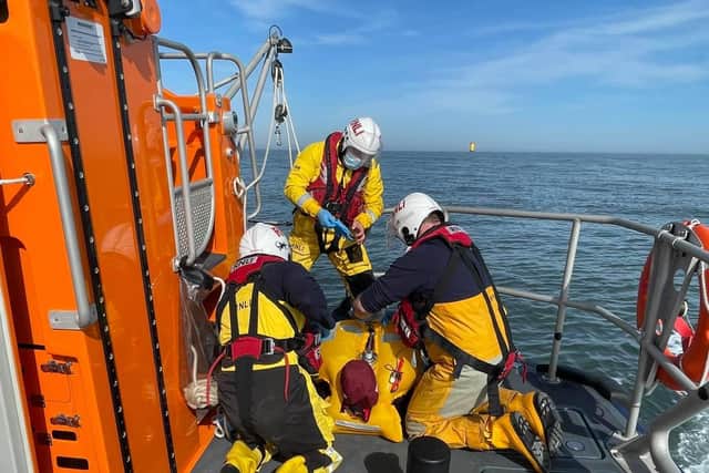 The exercise involved the simulation of a vessel colliding with a wind turbine, resulting in a man overboard and a fuel leak. Photo:  Nick Walton RNLI Skegness