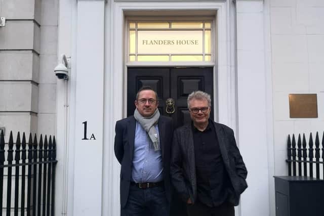 Magna Vitae Director of Partnerships, James Brindle (left), with SO Festival artistic director Jens Frimann outside Flanders House, London.
