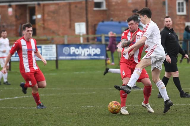 Horncastle Town (red), v Lincoln United Development. Scott Lowman